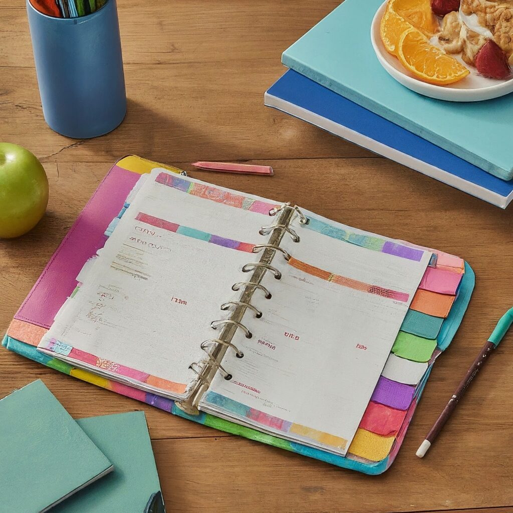 Teenager at desk with colorful planner open, surrounded by school supplies and a healthy snack. Text reads "Life Hacks for Teens.