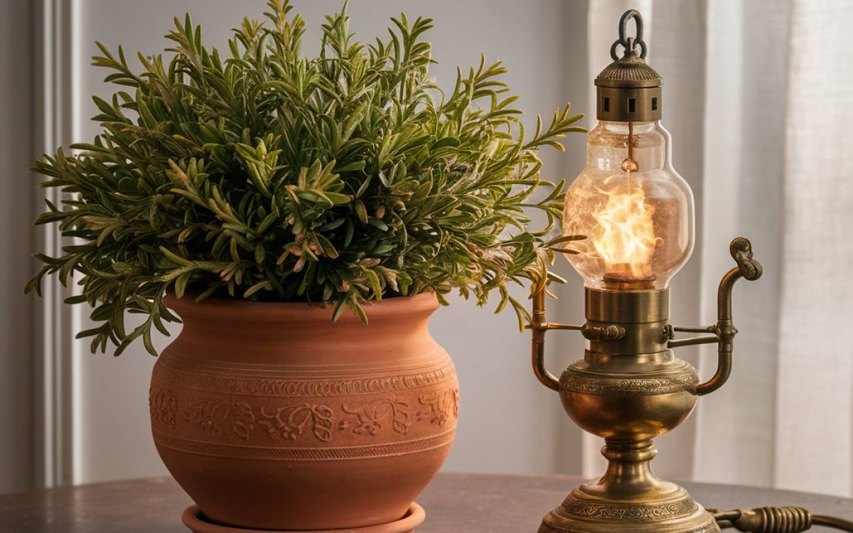 Terracotta pot and brass lamp on a table.