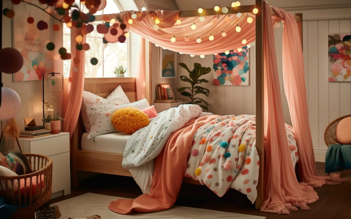  Teenager's bedroom decorated with trendy fairy lights, patterned throw pillows, and a woven wall hanging.