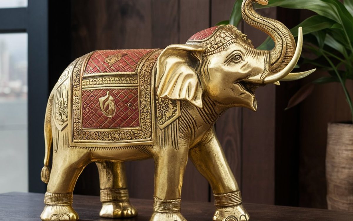 Golden Heritage Elephant statue - intricately detailed, gold-finished decorative piece symbolizing Indian craftsmanship, strength, wisdom, and good fortune