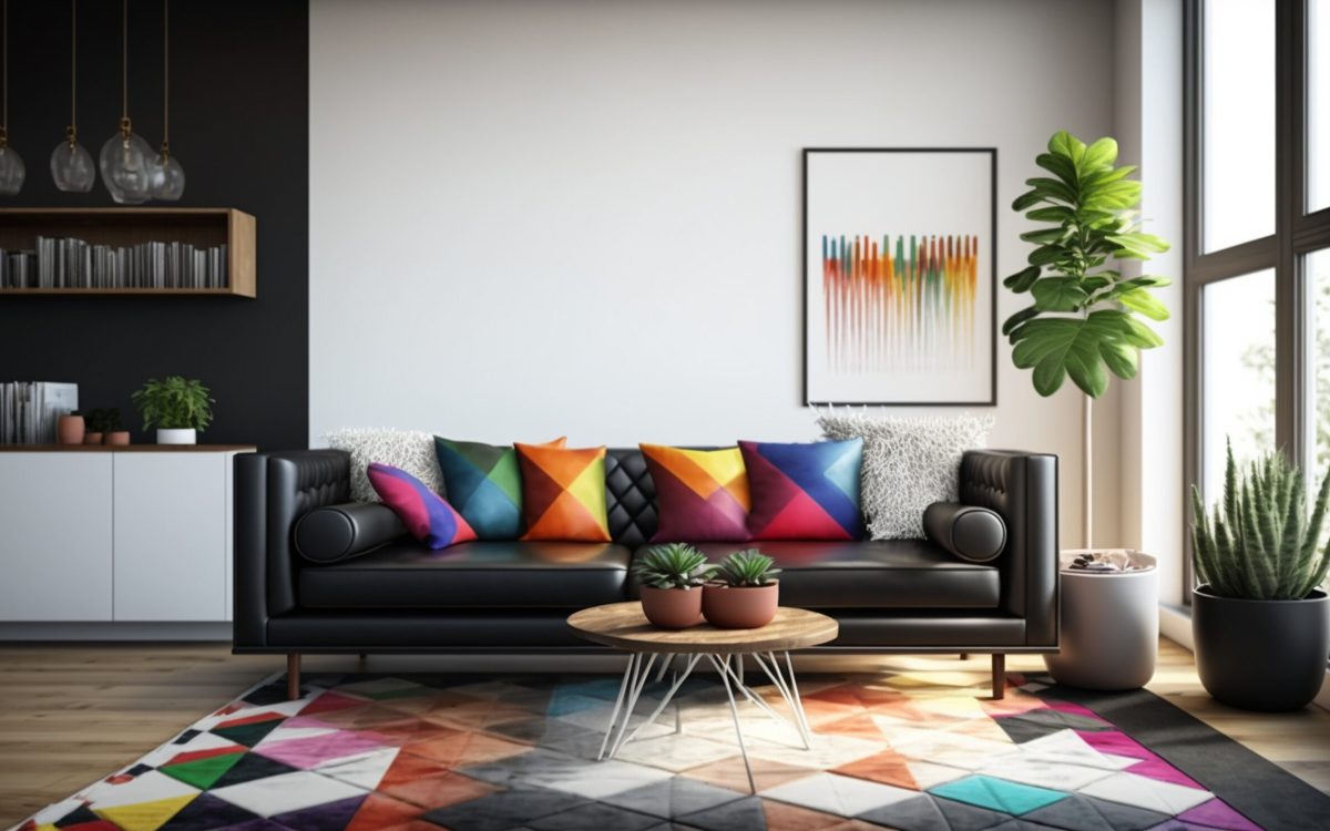  Bright and colourful room with throw pillows, rug, and artwork in a variety of colours.