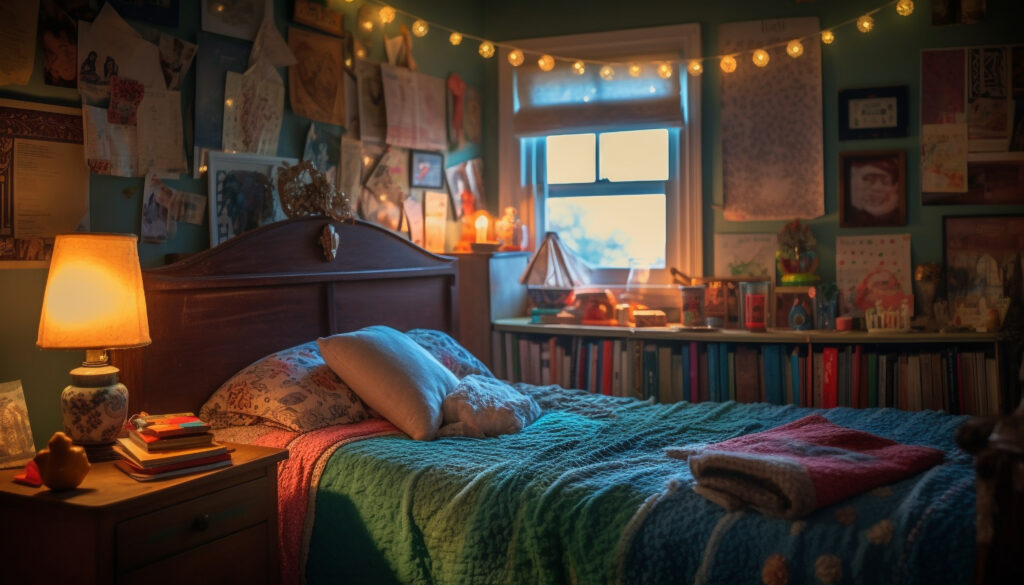 Teenager's bedroom decorated with trendy fairy lights, patterned throw pillows, and a woven wall hanging