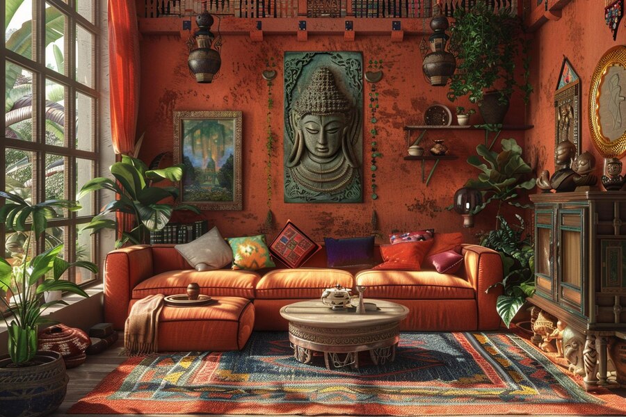 : A beautifully decorated living room featuring a colorful Indian rug, hand-carved wooden coffee table with intricate designs, embroidered throw pillows, and stunning wall hangings - all handcrafted pieces from Tanutra.