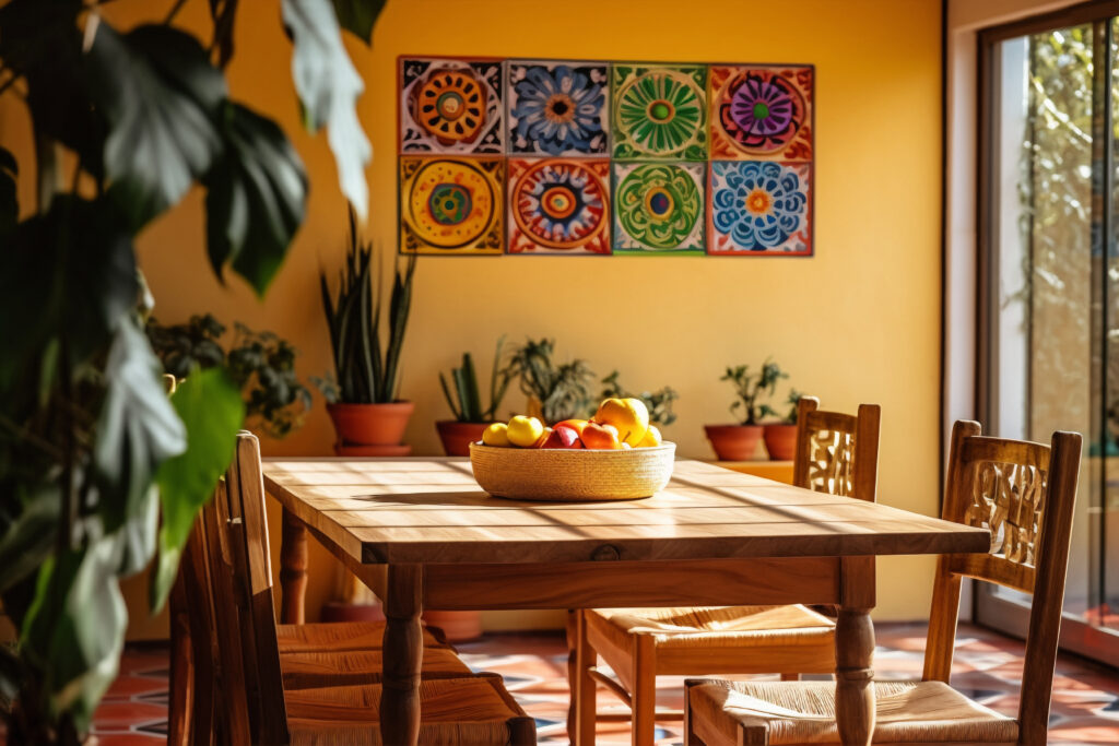 Colorful Indian living room with handcrafted furniture, textiles, and artwork.