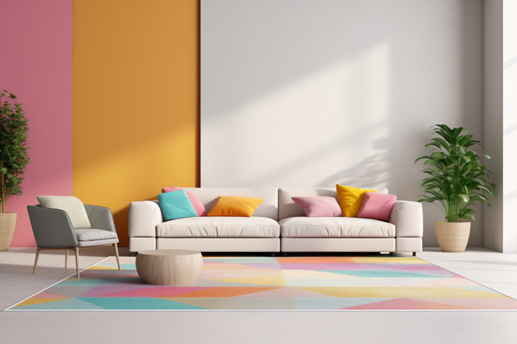 Bright and colourful room with throw pillows, rug, and artwork in a variety of colours