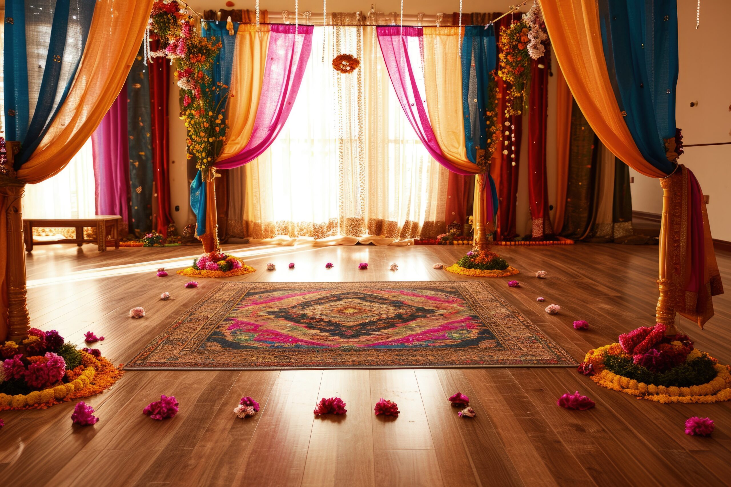 : A brightly lit living room decorated with colorful marigold garlands, diyas, and rangoli patterns on the floor.