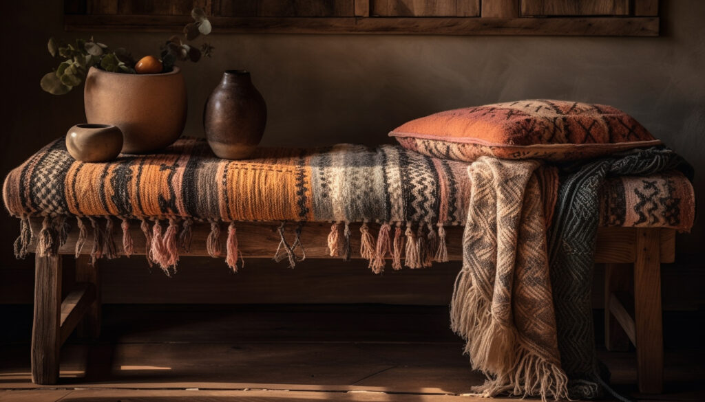 Rustic table with elegant vase and comfy pillows