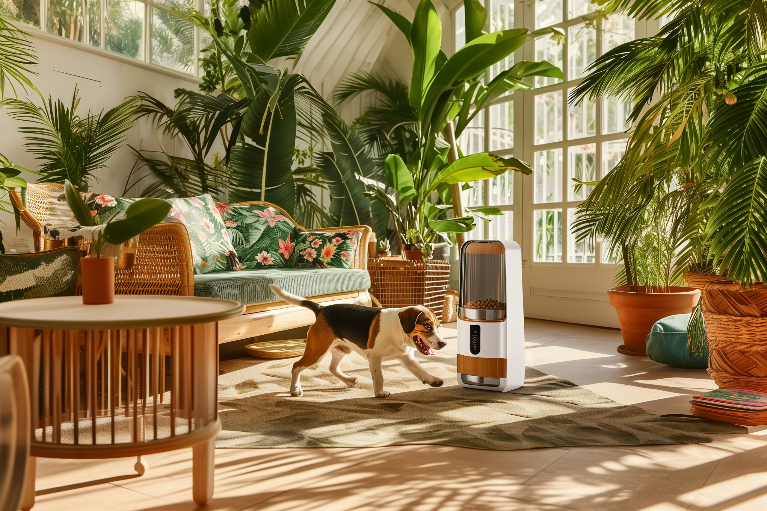 A brightly lit living room decorated with woven baskets, jute rugs, and plants in recycled containers.