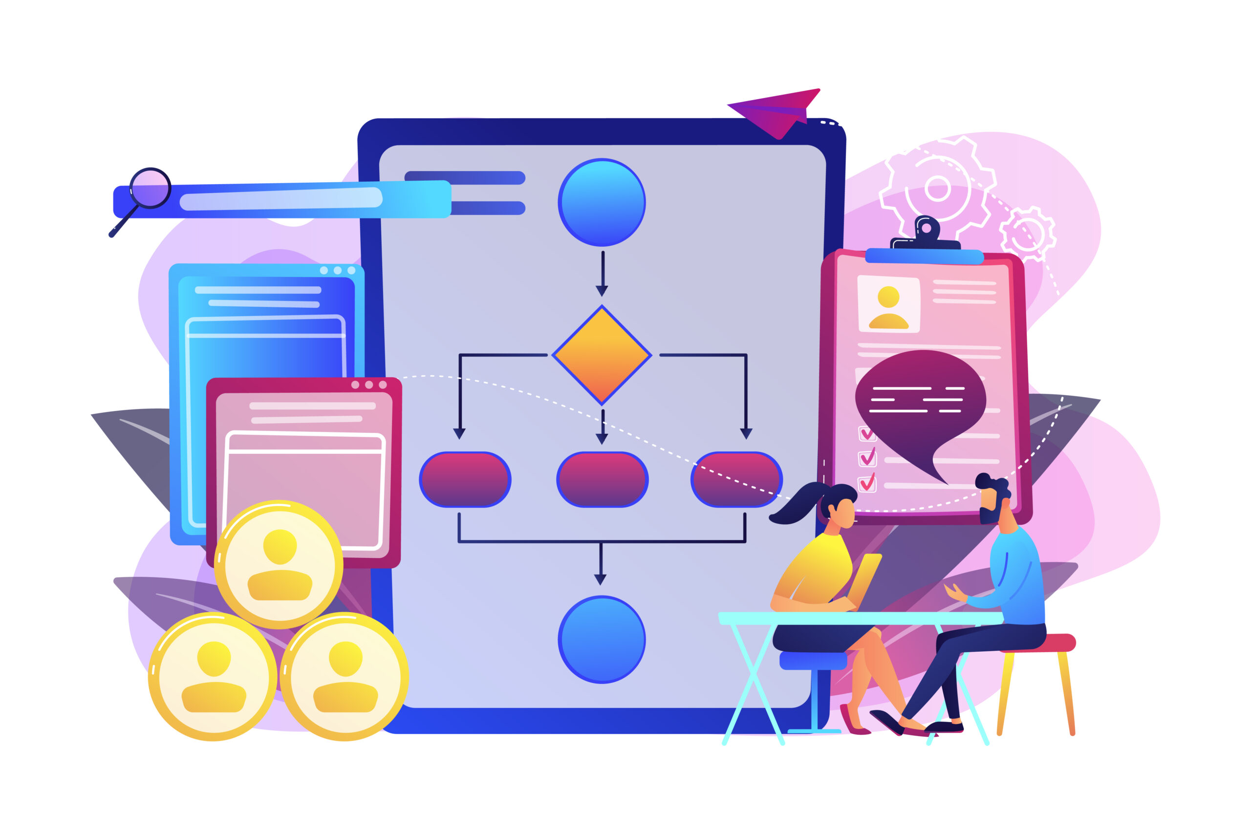 HR manager with employee at interview and business flow chart. Employee assessment software, HR company system, employee check programme concept. Bright vibrant violet vector isolated illustration
