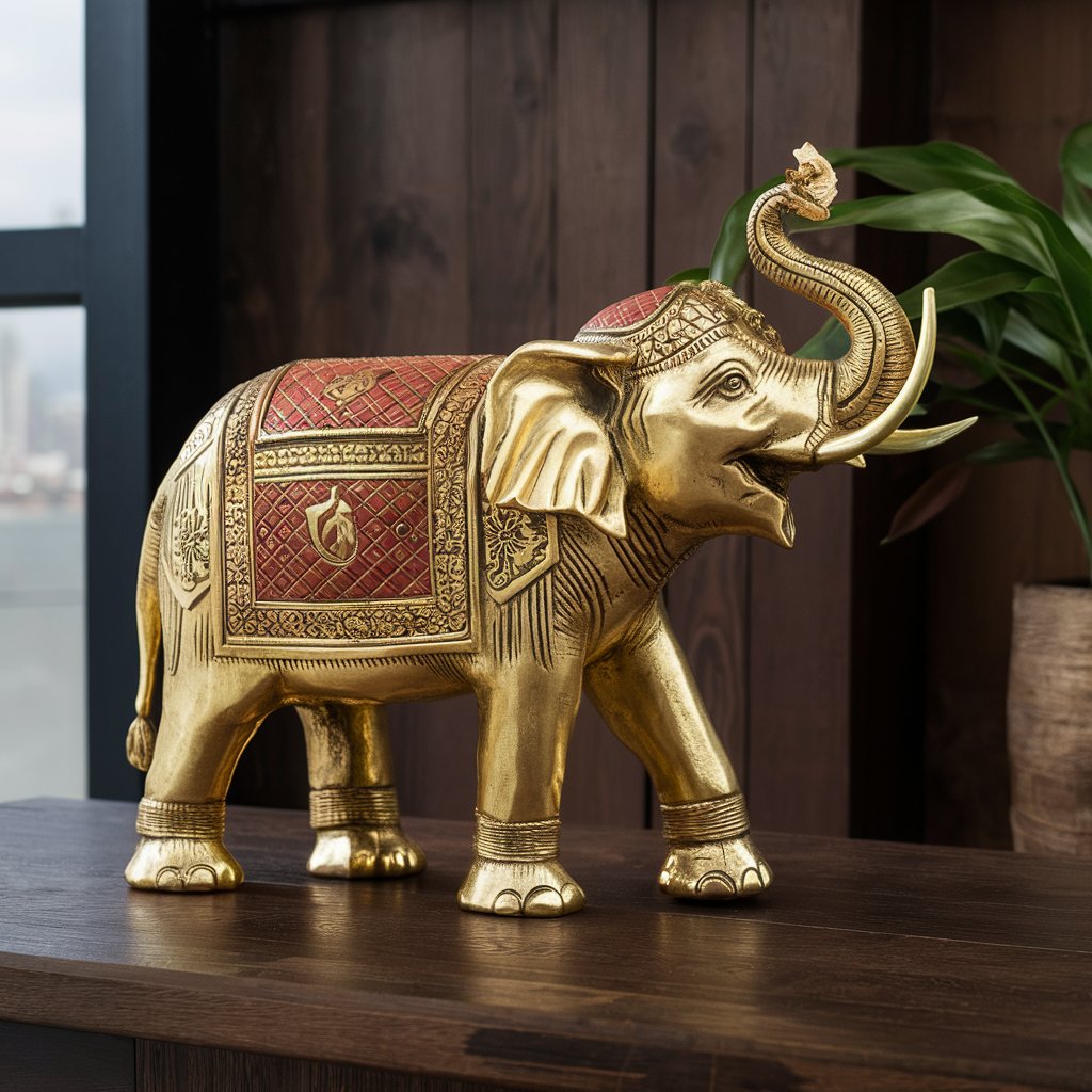 Golden Heritage Elephant statue - intricately detailed, gold-finished decorative piece symbolizing Indian craftsmanship, strength, wisdom, and good fortune