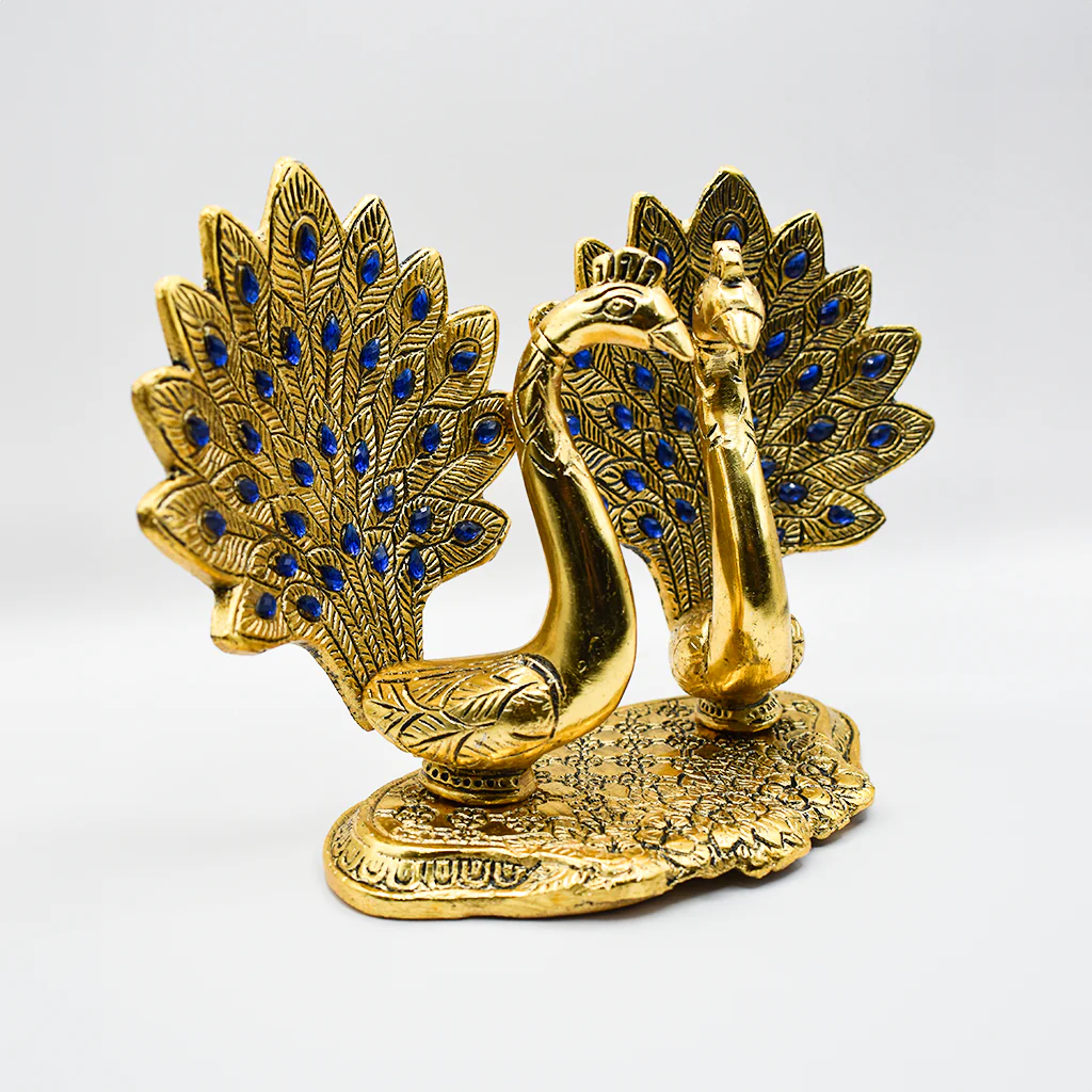 Golden Aluminum Double Peacock Statue with blue accents by Nivedan Handicraft