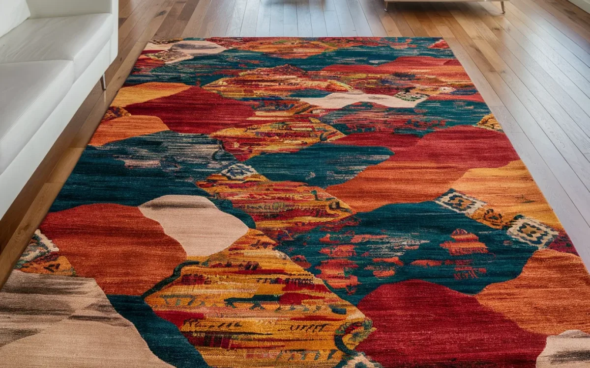 A vibrant handwoven rug with intricate designs sits on a wooden floor, adding a pop of color to a modern living room.