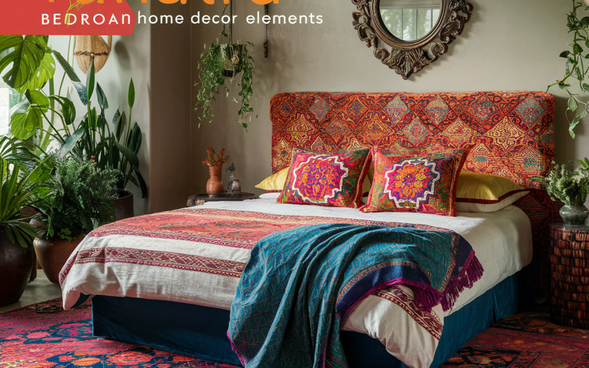 A cozy room decorated with colorful Indian tapestries, throw pillows, and a handcrafted metal vase.