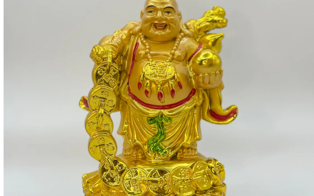 Golden Smiling Feng Shui Laughing Buddha Bringing Joy and Prosperity to Your Home or Office