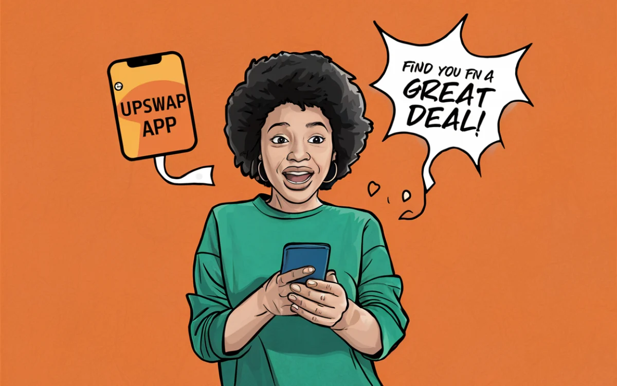 Upswap deals on her upswap mobile app, excited girl