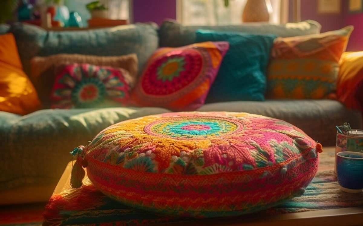 A vibrant handwoven rug with geometric patterns sits beneath a wooden coffee table adorned with a colorful brass vase