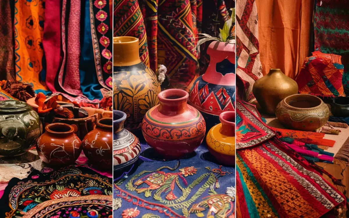 Traditional Indian handicrafts showcasing vibrant textiles, pottery, and intricate embroidery 