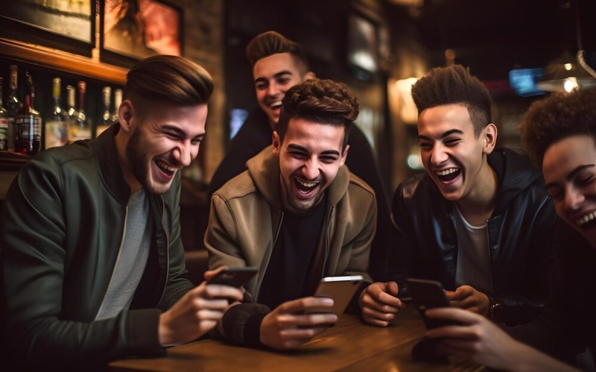 Group of friends laughing and using Upswap app on their smartphones.