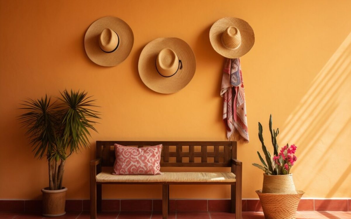 A brightly colored living room decorated with handcrafted textiles, pottery, and artwork.