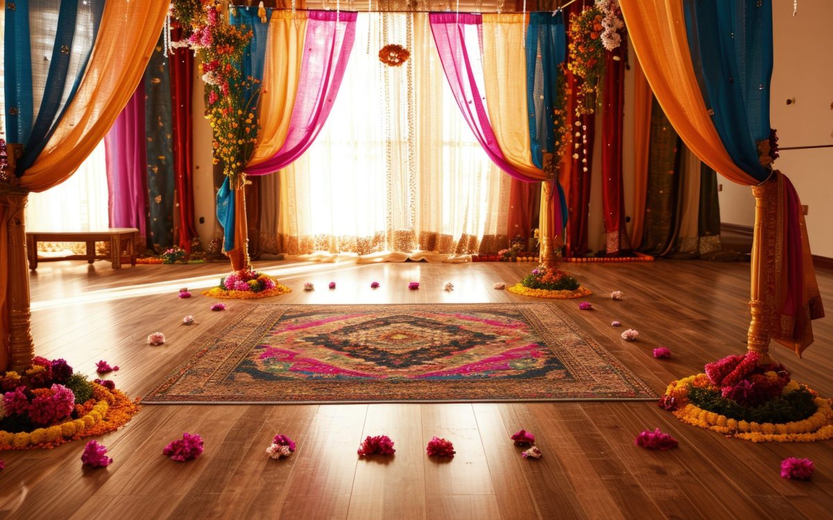 A brightly lit living room decorated with colorful marigold garlands, diyas, and rangoli patterns on the floor.