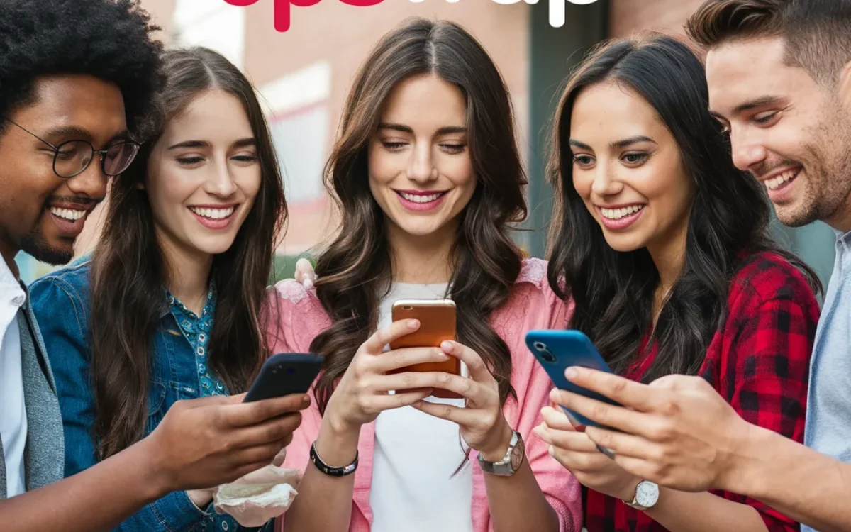 A group of friends using the UpSwap app on their smartphones, smiling and chatting, also see the UpSwap logo