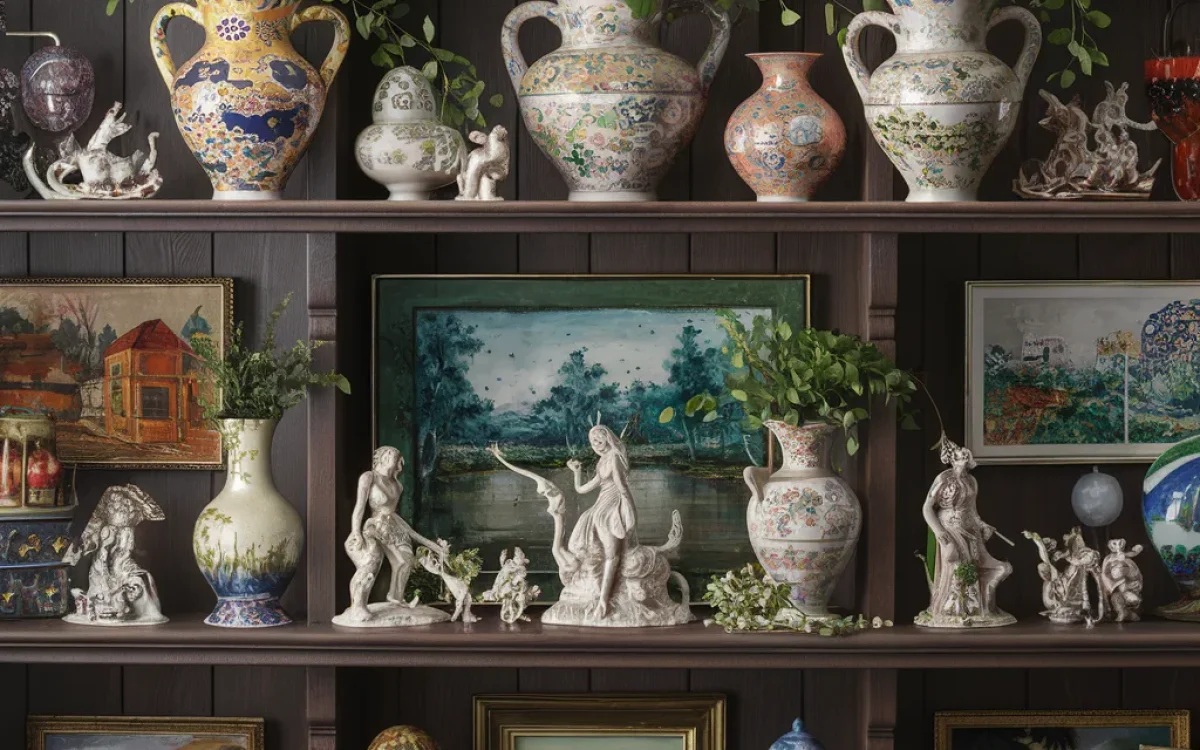 A shelf decorated with colorful handcrafted vases, figurines, and paintings.