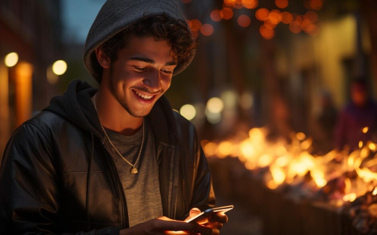 A teenager using a phone with the Upswap app open on the screen.